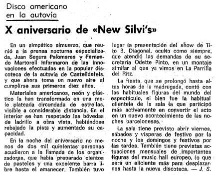 Crnica publicada en el diario LA VANGUARDIA el 9 de Abril de 1981 sobre la fiesta de inuaguracin de la discoteca New Silvi's de Gav Mar y del dcimo aniversario de la inauguracin del Silvi's